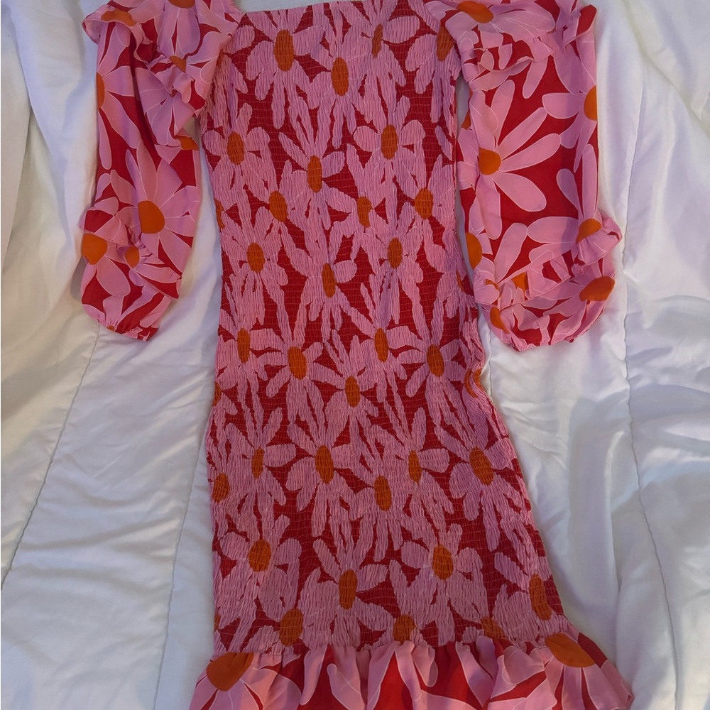 Floral Pink and Red Dress with Ruffle Hem